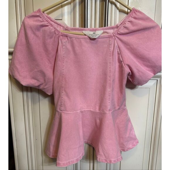 H&M Girls Denim Look Puff Sleeve Square Neck Peplum Blouse Light Pink Size 8-10 - Picture 6 of 7